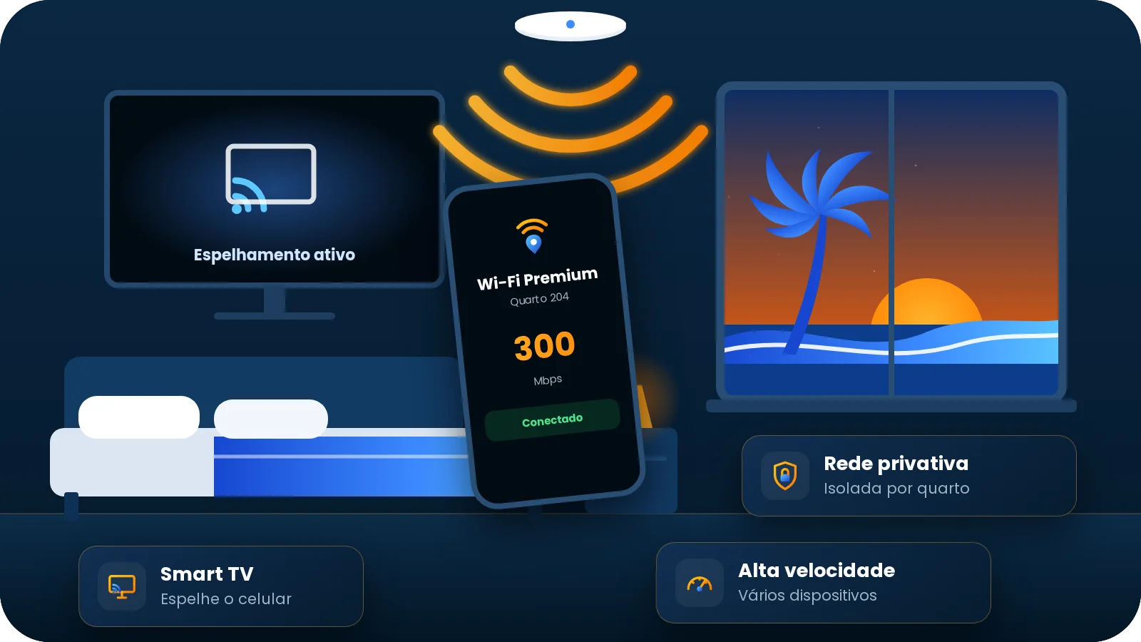 Quarto de hotel com Wi-Fi Premium: ponto de acesso no teto, Smart TV espelhando e celular conectado